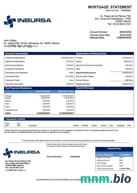 Meksyk Banco Inbursa wyciąg z kredytu hipotecznego szablon Word i PDF